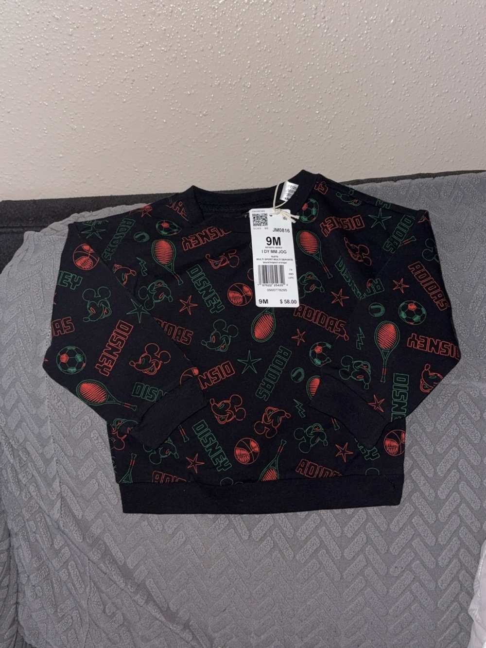 NWT Adidas Disney Mickey Mouse Infant Sweatshirt 9M Black Orange Sports
